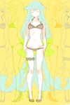  1girl bare_shoulders bikini black_bikini bow frilled_bikini frills gatchaman gatchaman_crowds green_hair high_heels large_bow leg_garter long_hair simple_background swimsuit unko_yoshida utsutsu very_long_hair 