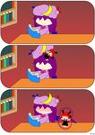  3koma :d ^_^ bat_wings blush book bookshelf bow chibi chibi_on_head closed_eyes comic crescent demon_tail dozy_(d_mendozer) dress faceless faceless_female full-face_blush hair_bow hair_ribbon happy hat head_wings holding holding_book jump_rope koakuma long_hair long_sleeves low-tied_long_hair minigirl mob_cap multiple_girls necktie on_head open_book open_mouth outstretched_arms patchouli_knowledge person_on_head playing_with_another's_hair purple_dress purple_hair reading red_hair ribbon shirt silent_comic smile spread_arms table tail touhou tress_ribbon white_shirt wings 
