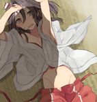  arms_up blush breasts brown_eyes brown_hair cleavage flat_chest groin hachimaki hair_between_eyes hair_ribbon hand_on_forehead headband high_ponytail hita_(hitapita) japanese_clothes kantai_collection light_brown_hair long_hair looking_at_viewer navel open_mouth partially_undressed ponytail ribbon solo tatami tears zuihou_(kantai_collection) 