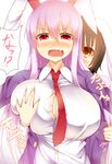  anger_vein animal_ears black_hair blazer blush breast_envy breast_grab breasts bunny_ears deep_skin facominn fang grabbing groping highres huge_breasts inaba_tewi jacket long_hair looking_down multiple_girls necktie open_blazer open_clothes open_jacket open_mouth paizuri_invitation purple_hair red_eyes reisen_udongein_inaba simple_background tears touhou very_long_hair white_background yuri 