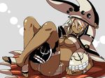  bad_id bad_pixiv_id beltbra blonde_hair breasts cleavage cloak dark_skin guilty_gear guilty_gear_xrd hat kuro_yuzu large_breasts lying on_back orange_eyes ramlethal_valentine short_shorts shorts solo 