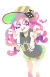  3d_rod! artist_name baseball_cap black_shirt bracelet double_v drooling eyelashes fish_hair_ornament green_eyes green_skirt hair_ornament hat highres jewelry long_hair miniskirt no_nose open_mouth paruko_(splatoon) pink_hair pleated_skirt saliva shirt simple_background skirt smile solo splatoon_(series) splatoon_1 striped striped_hat tentacles v white_background 