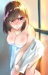  absurdres blush breasts brown_eyes brown_hair covering frown highres large_breasts leaning_forward naked_towel original rolua short_hair solo towel 