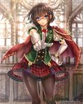  aiguillette blue_eyes brown_hair cape eikou_no_guardian_battle elbow_gloves glasses gloves highres looking_at_viewer madogawa official_art pantyhose plaid plaid_skirt pointing skirt solo uniform vest white_gloves 