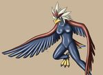  anthro audie-gryph avian beak blue_eyes braviary breasts claws feathers female looking_at_viewer nintendo pok&eacute;mon rubber_suit simple_background solo toe_claws video_games wings 