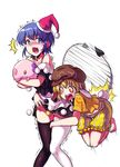  ahegao animal_ears barefoot black_legwear blob blonde_hair blue_eyes blue_hair blush bunny_ears crossed_legs doremy_sweet drooling embarrassed flat_cap floppy_ears gen_5_pokemon hat highres koissa looking_to_the_side midriff miniskirt multiple_girls munna nightcap off_shoulder open_mouth orange_shirt pokemon pokemon_(creature) pokemon_(game) pom_pom_(clothes) red_eyes ringo_(touhou) saliva shirt short_hair short_sleeves shorts simple_background skirt skirt_set socks tail tapir_tail tears thighhighs touhou trembling white_legwear 