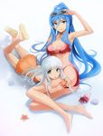  aoki_hagane_no_arpeggio barefoot bikini blue_eyes blue_hair casual_one-piece_swimsuit eyewear_on_head frilled_swimsuit frills green_eyes hair_between_eyes hermit_crab iona long_hair long_legs lying miyo_(13th_floor) multiple_girls on_stomach one-piece_swimsuit orange_swimsuit ponytail red_bikini sandals seashell shell starfish sunglasses swimsuit takao_(aoki_hagane_no_arpeggio) very_long_hair 