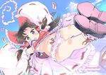  :o bare_legs belly bloomers blue_sky blush bow breasts brown_eyes brown_hair cloud day detached_sleeves flying flying_kick gohei hair_bow hair_tubes hakurei_reimu kicking long_hair long_sleeves midriff navel no_bra ofuda open_mouth puuakachan sky small_breasts solo spell_card touhou underboob underwear upshirt upskirt v-shaped_eyebrows white_legwear wide_sleeves 