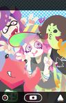  3boys 3d_rod! artist_name baseball_cap black_hair bracelet commentary crab dark_side_of_the_moon domino_mask eyebrows fangs green_eyes grin hat jewelry mask multiple_boys noisy_(splatoon) one_eye_closed parody paruko_(splatoon) pincers pink_floyd pink_hair pouty_lips purple_hair raian_(splatoon) saliva sea_anemone self_shot shikaku_(splatoon) smile solid_circle_eyes splatoon_(series) splatoon_1 squid thick_eyebrows v 