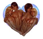  2girls bisexual_(female) bisexual_(male) blonde_hair breasts brian_(muhamaru_yuni) brown_hair commentary erika_ribbons hand_on_another's_shoulder heart highres jewelry looking_at_viewer martin_(muhamaru_yuni) mary_(muhamaru_yuni) muhamaru_yuni multiple_boys multiple_girls necklace nipple_piercing nipples nude original parted_lips piercing pussy short_hair smile uncle_and_nephew 
