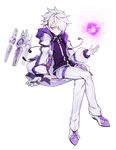  absurdres add_(elsword) arc_tracer_(elsword) cube earrings elsword full_body gloves hairband highres hood hoodie hwansang jacket jewelry male_focus messy_hair official_art pants purple_eyes purple_shirt shirt sitting smile solo transparent_background white_gloves white_hair 