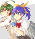  1girl ahoge alternate_costume bag blue_hair bow bowl bread chiyako_(hasuccco) eating food food_in_mouth goggles goggles_on_head green_eyes green_hair hair_bow late_for_school mouth_hold multicolored_hair red_eyes red_hair rice_bowl sakaki_yuuya school_bag school_uniform serena_(yuu-gi-ou_arc-v) toast toast_in_mouth two-tone_hair yuu-gi-ou yuu-gi-ou_arc-v 