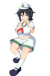  3: belly black_hair blush breasts clenched_hands covered_nipples green_eyes hat large_breasts looking_at_viewer manorea mary_janes murasa_minamitsu navel normal plump puffy_nipples sailor_hat school_uniform serafuku shoes short_hair shorts shy socks solo touhou wavy_mouth 