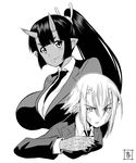  breasts claws dark_skin formal greyscale highres horns kinu_(monster_musume) large_breasts liz_(monster_musume) lizard_girl long_hair monochrome monster_girl monster_musume_no_iru_nichijou multiple_girls necktie oni pointy_ears ponytail s-now scales signature slit_pupils suit upper_body 