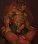  abs anthro balls demon duo erection faceless_male fangs fundles glowing glowing_eyes horn looking_at_viewer low-angle_shot male male/male muscles navel nipples nude pecs penis uncut 
