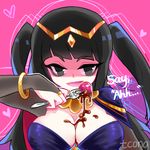  black_hair breasts chocolate circlet cleavage fire_emblem fire_emblem:_kakusei food_on_breasts fork heart heart_background looking_at_viewer simple_background solo strawberry tcong tharja upper_body 