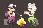  &gt;_o 2girls 3d_rod! aori_(splatoon) artist_name black_dress campfire detached_collar domino_mask dress fangs fire food food_on_head green_legwear holding hot_dog hotaru_(splatoon) ketchup log long_hair marshmallow mask multiple_girls mustard object_on_head one_eye_closed pantyhose purple_legwear short_hair short_jumpsuit silver_hair sitting splatoon_(series) splatoon_1 stick strapless strapless_dress sushi symbol-shaped_pupils tan tentacle_hair tree_stump unitard yellow_eyes 