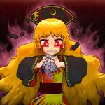  black_dress blonde_hair blood bloody_tears broken_moon chinese_clothes clenched_teeth dress hat junko_(touhou) long_hair long_sleeves moon ninniku_(ninnniku105) red_eyes solo tabard teeth touhou very_long_hair wide_sleeves 