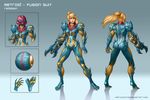  adapted_costume arm_cannon ass blonde_hair brandon_dunn character_sheet claws fusion_suit gradient gradient_background metroid metroid_fusion ponytail power_armor redesign samus_aran weapon 