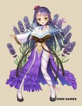  bad_id bad_pixiv_id book dress flower flower_knight_girl full_body green_eyes highres lavender_(flower) lavender_(flower_knight_girl) long_hair nakaishow object_namesake official_art open_mouth purple_hair smile solo thighhighs 