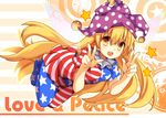  american_flag_dress american_flag_legwear blonde_hair blush clownpiece double_w fairy_wings hat heart heart-shaped_pupils jester_cap kotomuke_fuurin long_hair looking_at_viewer open_mouth pantyhose smile solo striped striped_legwear symbol-shaped_pupils touhou w wings yellow_eyes 