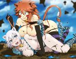  2girls :3 animal_ears areolae assisted_exposure bell bikini_top_removed blue_eyes blush breasts brown_hair cat_ears cat_tail catfight collar facial_mark fairy_tail large_breasts lisanna_strauss millianna mud mud_wrestling multiple_girls nipples open_mouth smile stormfeder striped_legwear tail thighhighs undressing white_hair 