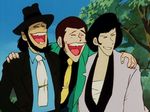  70s animated animated_gif arsene_lupin_iii beard castle_of_cagliostro facial_hair formal friends good_end green_jacket hat ishikawa_goemon_xiii jacket japanese_clothes jigen_daisuke laughing lowres lupin_iii multiple_boys necktie oldschool sarashi sideburns spoilers tree yellow_neckwear 