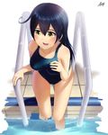  black_hair bu_li kantai_collection long_hair one-piece_swimsuit pool_ladder poolside sitting solo swimsuit ushio_(kantai_collection) yellow_eyes 