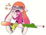  bangs blunt_bangs commentary_request fangs glasses gun inkling orange_hair pink_eyes pointy_ears rifle shoes sidelocks sitting sizma sneakers sniper_rifle solo splat_charger_(splatoon) splatoon_(series) splatoon_1 sweatshirt water_gun weapon yawning 