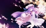 bare_legs bow crescent crescent_hair_ornament hair_ornament hat long_hair looking_at_viewer pajamas papers patchouli_knowledge purple_eyes purple_hair red_bow red_ribbon ribbon solo tokiame touhou 