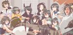  6+girls admiral_(kantai_collection) ahoge alcohol aqua_eyes black_hair blush bottle braid brown_eyes brown_hair chikuma_(kantai_collection) dress_shirt drunk eyepatch fang green_eyes grin hair_intakes hairband hiei_(kantai_collection) hiryuu_(kantai_collection) hyuuga_(kantai_collection) ise_(kantai_collection) isonami_(kantai_collection) kantai_collection lavender_hair long_hair maya_(kantai_collection) multiple_girls no_headwear nontraditional_miko one_eye_closed open_mouth petting pot salad school_uniform serafuku shiba_yuuki shigure_(kantai_collection) shirt short_hair side_ponytail single_braid skirt smile tatsuta_(kantai_collection) tenryuu_(kantai_collection) tone_(kantai_collection) yellow_eyes 