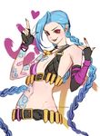  1girl belt bikini_top blue_hair braid bullets gloves jinx_(league_of_legends) league_of_legends long_hair nail_polish pink_eyes simple_background solo tattoo twin_braids very_long_hair 