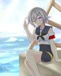  blush breasts closed_mouth deviantart_username flag grey_hair hair_ornament hairpin highres looking looking_at_viewer original poland purple_eyes ribbon short_hair sitting small_breasts smile solo swimsuit thumbs_up 