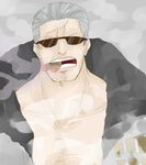  cigar gradient gradient_background grey_hair jacket male_focus marine nude_jacket one_piece scar shirtless smoke smoker smoking solo sunglasses 