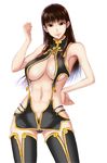  black_hair braid breasts brown_eyes center_opening cleavage clenched_hand cowboy_shot dead_or_alive groin hair_down hand_on_hip highres kamitsuki_manmaru large_breasts lei_fang lips long_hair looking_at_viewer micro_panties navel panties pubic_hair revealing_clothes simple_background smile solo twin_braids underboob underwear unzipped white_background 