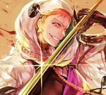  beads earrings grin hood iwatooshi japanese_clothes jewelry kesa male_focus naginata orange_eyes orange_hair polearm sharp_teeth smile solo tcb teeth touken_ranbu weapon 