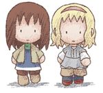  animated animated_gif blonde_hair blouse brown_hair crying full_body hairband holding_hands jacket looking_at_another lowres multiple_girls namu_(nurui_cha) open_clothes open_jacket open_mouth pantyhose rejection rubbing_eyes scarf simple_background teardrop tears walking white_background 