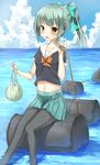  :o bad_hands bad_id bad_leg bad_pixiv_id bag bangs black_legwear blunt_bangs blush bow bowtie cloud collarbone crop_top day drum_(container) feet_out_of_frame food fruit green_bow green_hair green_skirt hair_bow half_updo highres holding holding_bag kantai_collection knees_together_feet_apart looking_at_viewer melon midriff navel ocean open_mouth outdoors pantyhose plastic_bag pleated_skirt ponytail rong_yi_tan rope school_uniform serafuku shiny shiny_clothes shiny_hair short_hair short_sleeves sidelocks sitting sitting_on_object skirt sky solo tareme v-shaped_eyebrows yellow_eyes yuubari_(kantai_collection) 