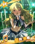  ahoge bare_shoulders beamed_eighth_notes blonde_hair blush card_(medium) character_name crop_top hoshii_miki idolmaster idolmaster_(classic) idolmaster_million_live! long_hair looking_at_viewer microphone midriff musical_note navel official_art open_mouth skirt solo wireless 