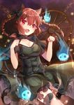  animal_ears bell bow braid cat_ears cat_tail chain corset dress elise_(piclic) extra_ears fang flaming_skull floating_skull garter_straps green_dress grey_legwear hair_bell hair_bow hair_ornament highres kaenbyou_rin multiple_tails open_mouth paw_pose red_eyes red_hair smile solo tail thighhighs touhou twin_braids zettai_ryouiki 