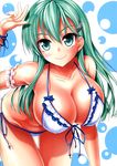  akizuki_akina bare_shoulders bikini blush breasts cleavage collarbone female green_eyes green_hair hair_ornament hairclip highres kantai_collection large_breasts leaning_forward legs long_hair looking_at_viewer navel shiny shiny_skin simple_background smile solo standing suzuya_(kantai_collection) swimsuit thighs thong 