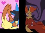  brown_fur delphox eyes_closed fur heart heart_background jealousy lopunny lucario mastery_position masturbation no_humans pokemon red_eyes simple_background voyeur voyeurism yellow_fur 