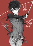  double-breasted horikawa_kunihiro male_focus monochrome red_background ribbon solo sword tcb touken_ranbu wakizashi weapon 