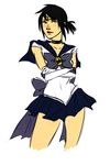  1girl batgirl batman_(series) bishoujo_senshi_sailor_moon black_hair brown_eyes cassandra_cain choker circlet cosplay crossed_arms dc_comics gloves simple_background skirt solo white_gloves 