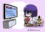  ahoge black_sclera blonde_hair blue_eyes blush_stickers character_doll cyclops doppel_(monster_musume) doppelganger horn long_hair manako monster_musume_no_iru_nichijou one-eyed oni purple_eyes red_hair seiza shake-o sharp_teeth sitting smile solo_focus stitches teeth television tionishia translation_request twitter_username white_hair yellow_eyes zombie zombina 