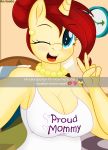  2018 an-tonio anthro anthrofied breasts clock clothed clothing ear_piercing english_text equine eyebrows eyelashes fan_character female friendship_is_magic golden_brooch hair hair_bun hi_res horn inside jewelry looking_at_viewer mammal mature_female my_little_pony necklace nipple_bulge one_eye_closed open_mouth open_smile piercing red_hair shirt smile solo tank_top text unicorn v_sign wink 