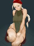  ahoge alternate_breast_size bad_id bad_tumblr_id beret blue_eyes boots braid breasts cammy_white combat_boots covered_nipples forehead full_body green_leotard harness hat highleg highleg_leotard highres huge_ahoge kneeling large_breasts leotard lips long_hair mumaya scar solo street_fighter street_fighter_v thigh_gap twin_braids unaligned_breasts 