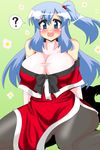  ? akasode_(tyaramu) bare_shoulders blue_eyes blue_hair blush breasts commentary_request detached_sleeves hair_bobbles hair_ornament highres huge_breasts long_hair open_mouth pantyhose seiza shinki side_ponytail sitting smile solo spoken_question_mark touhou touhou_(pc-98) 