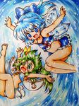  arms_up blue_eyes blue_hair bow cirno daiyousei fallen_down fang green_eyes green_hair hair_bow ice ice_wings marker_(medium) multiple_girls ponytail side_ponytail surfing tears touhou traditional_media vu_(oyavun) waves wavy_mouth wings 
