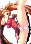  ass bare_legs china_dress chinese_clothes detached_sleeves dress guilty_gear guilty_gear_xrd hair_ornament hairclip high_kick kicking kuradoberi_jam leg_up looking_at_viewer orange_eyes orange_hair outstretched_arm panties pose smile solo twintails underwear upskirt white_panties yuntea 